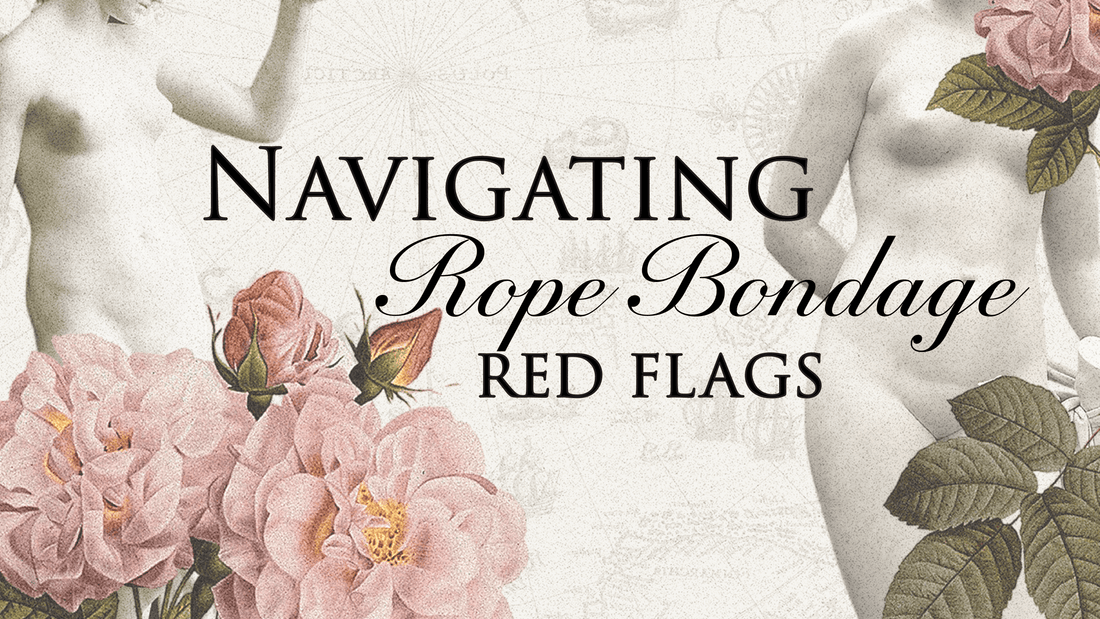 marble statues and pink roses with green leaves with the text navigating rope bondage red flags