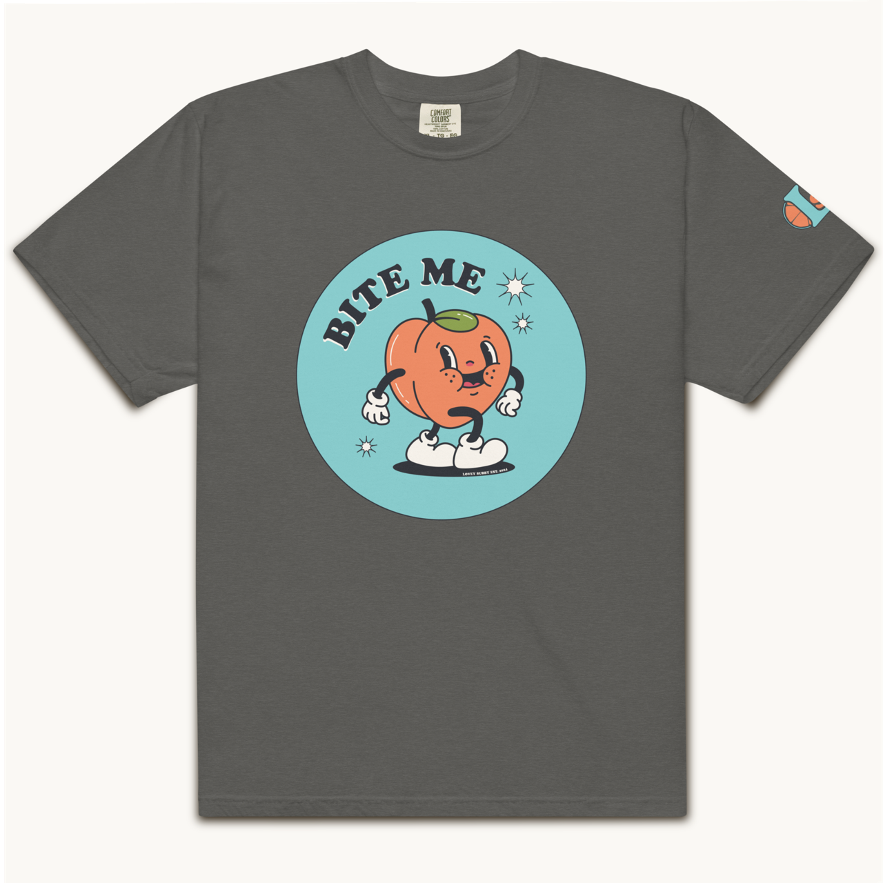 1920's animated peach bite me in bold letters, lovey subby logo on left arm sleeve