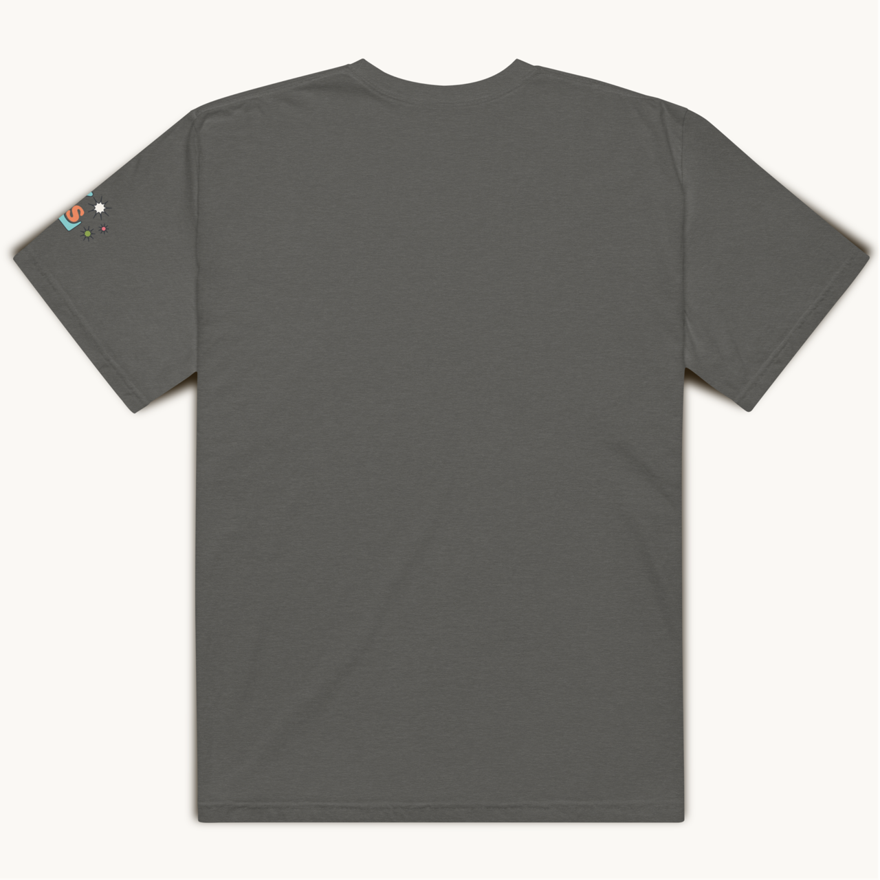 1920's animated peach bite me in bold letters, lovey subby logo on left arm sleeve