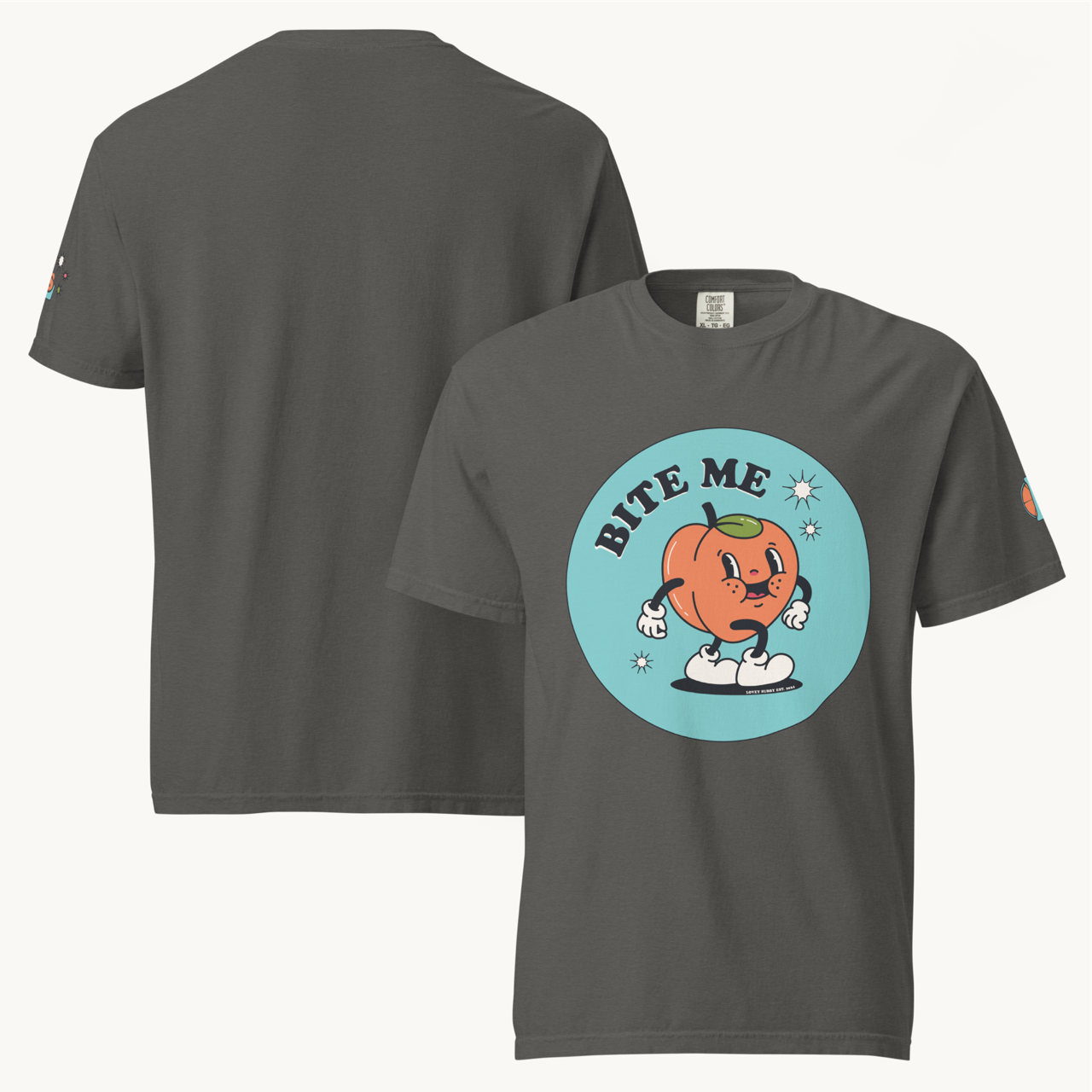 1920's animated peach bite me in bold letters, lovey subby logo on left arm sleeve