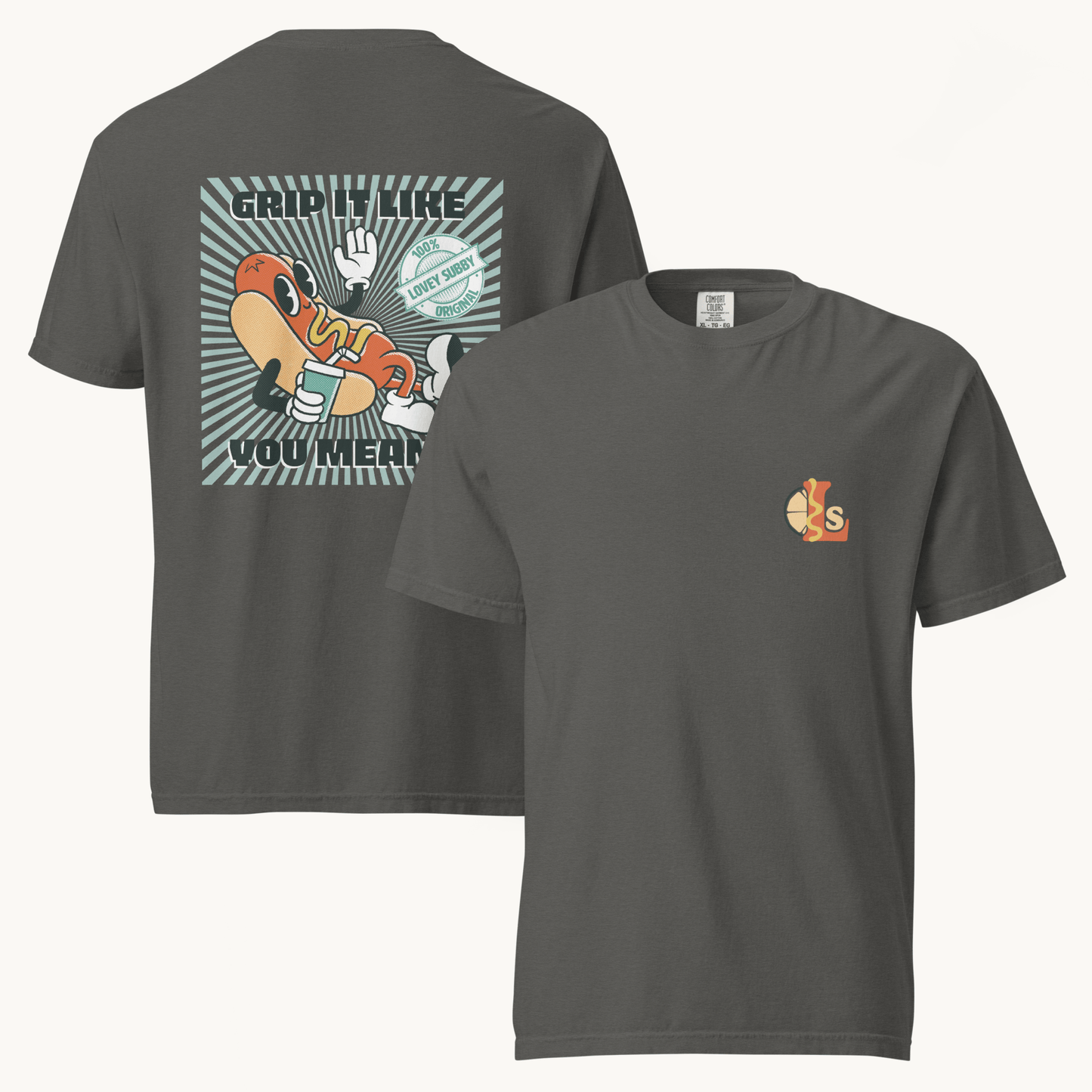 vintage rubber hose design hot dog t-shirt text grip it like you mean it 100% lovey subby original