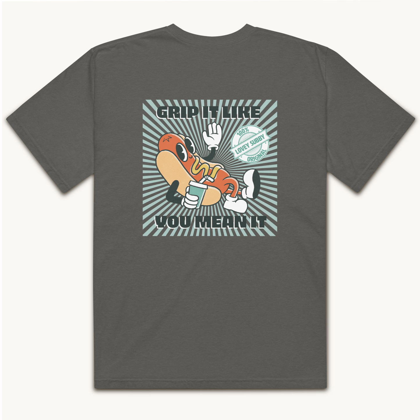 vintage rubber hose design hot dog t-shirt text grip it like you mean it 100% lovey subby original