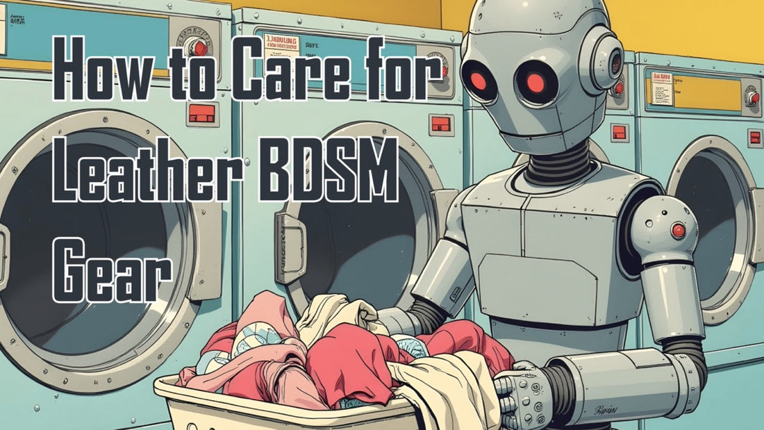 Retro Robot generated Image doing Laundry at a laundry mat with the title How ot Care for Leather BDSM Gear in blog letters