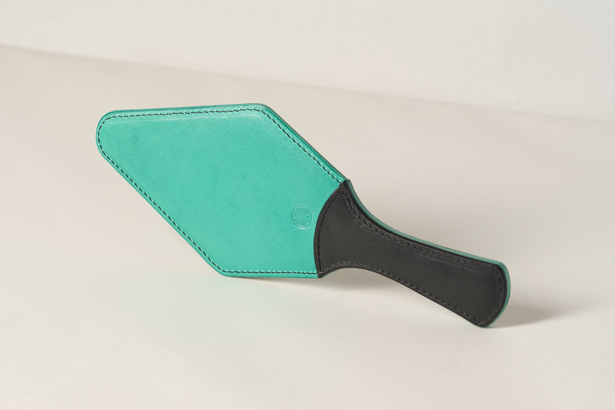 Turquoise paddle with black handle on a beige background