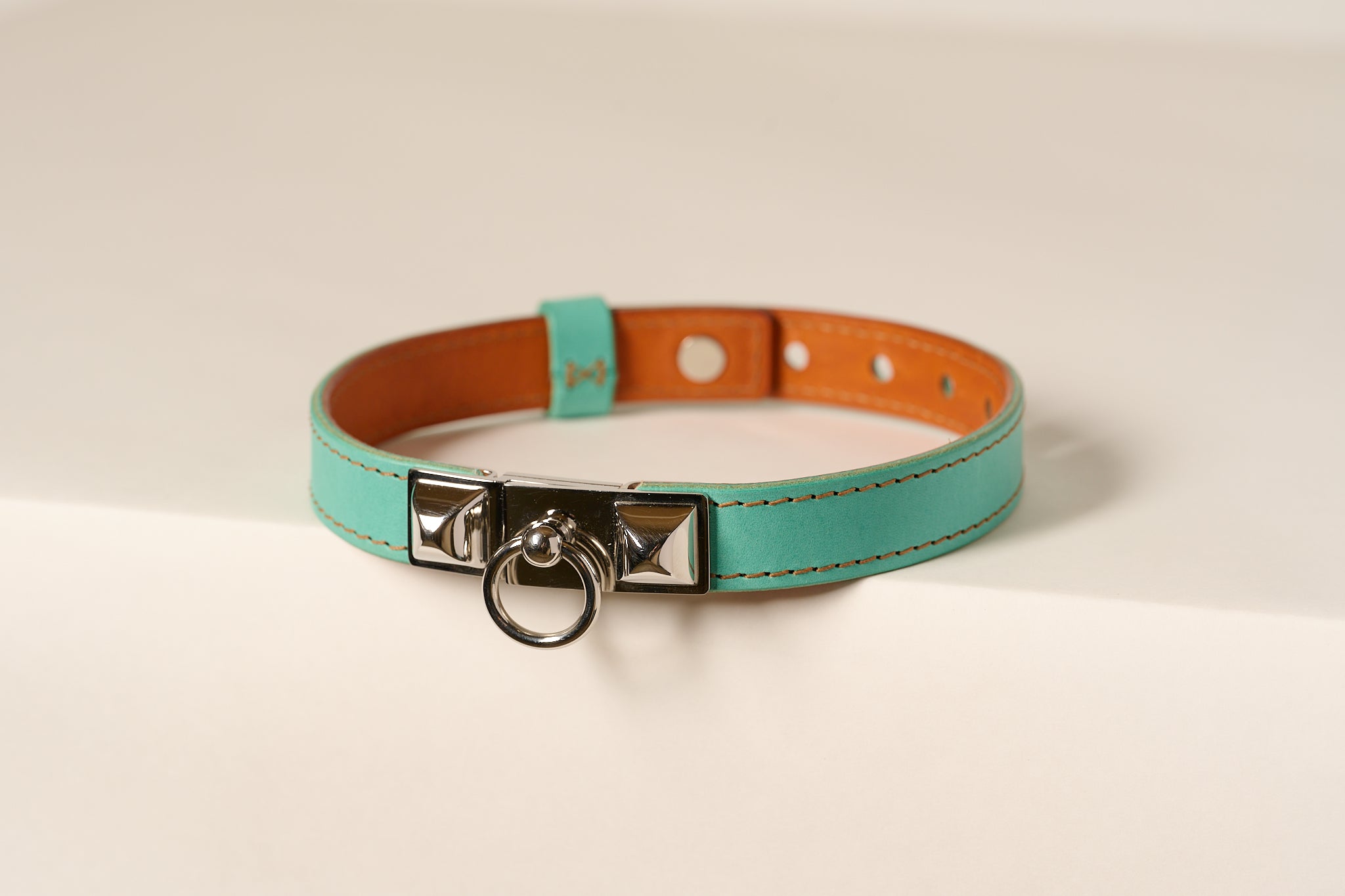 blue collar with brown accents on a light beige background