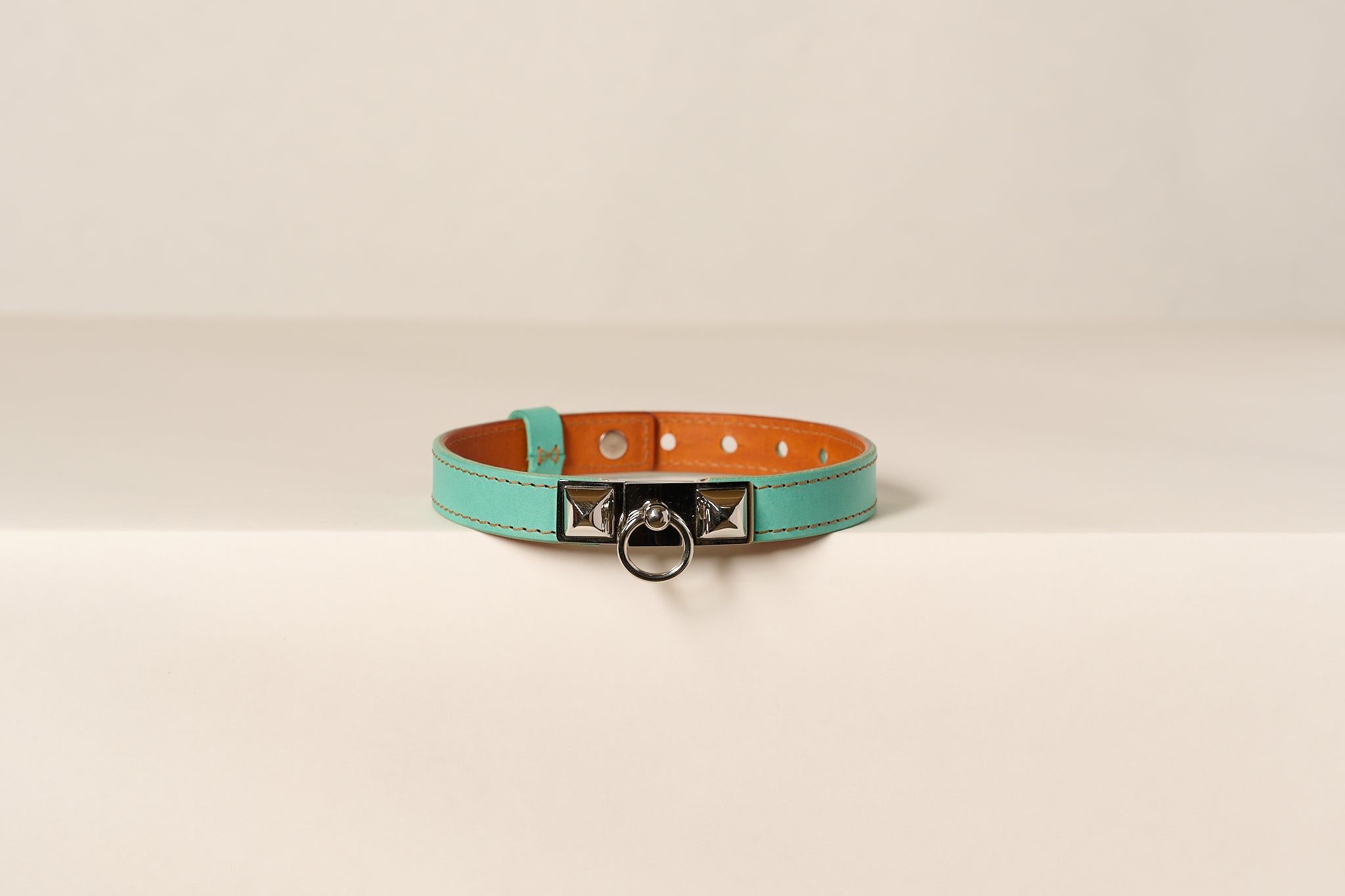 Turquoise and brown collar with a silver buckle on a beige background