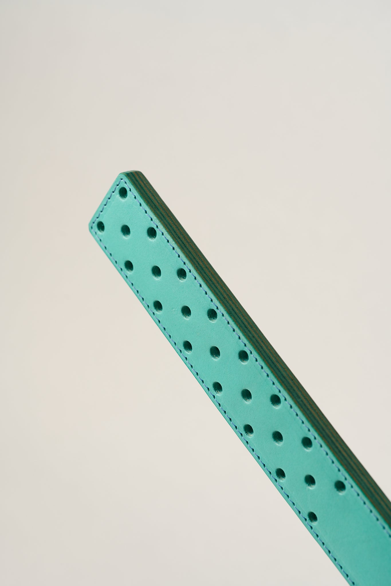 Teal belt with black fenestration on a light beige background