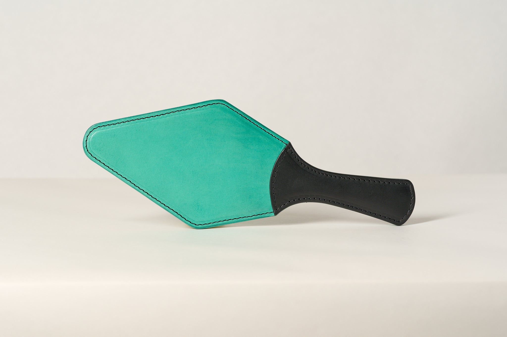 Blue paddle with black handle on a light gray background.