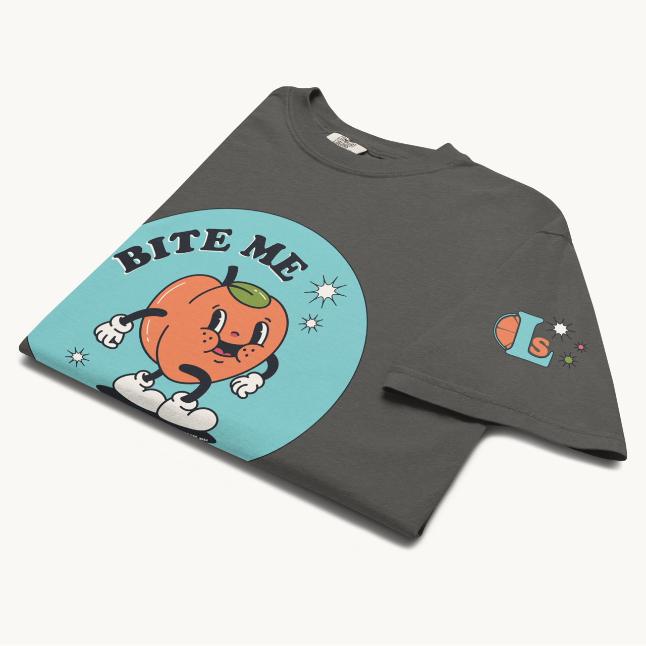 1920's animated peach bite me in bold letters, lovey subby logo on left arm sleeve