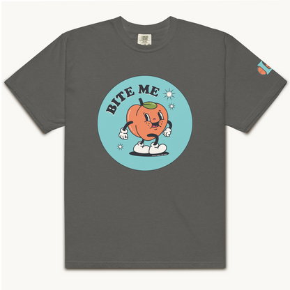 1920's animated peach bite me in bold letters, lovey subby logo on left arm sleeve