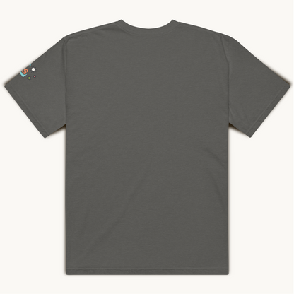 1920's animated peach bite me in bold letters, lovey subby logo on left arm sleeve
