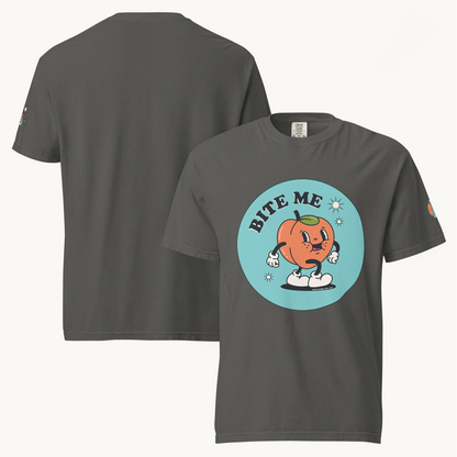 1920's animated peach bite me in bold letters, lovey subby logo on left arm sleeve