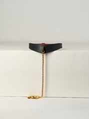 Black leather necklace with gold chain on a white surface