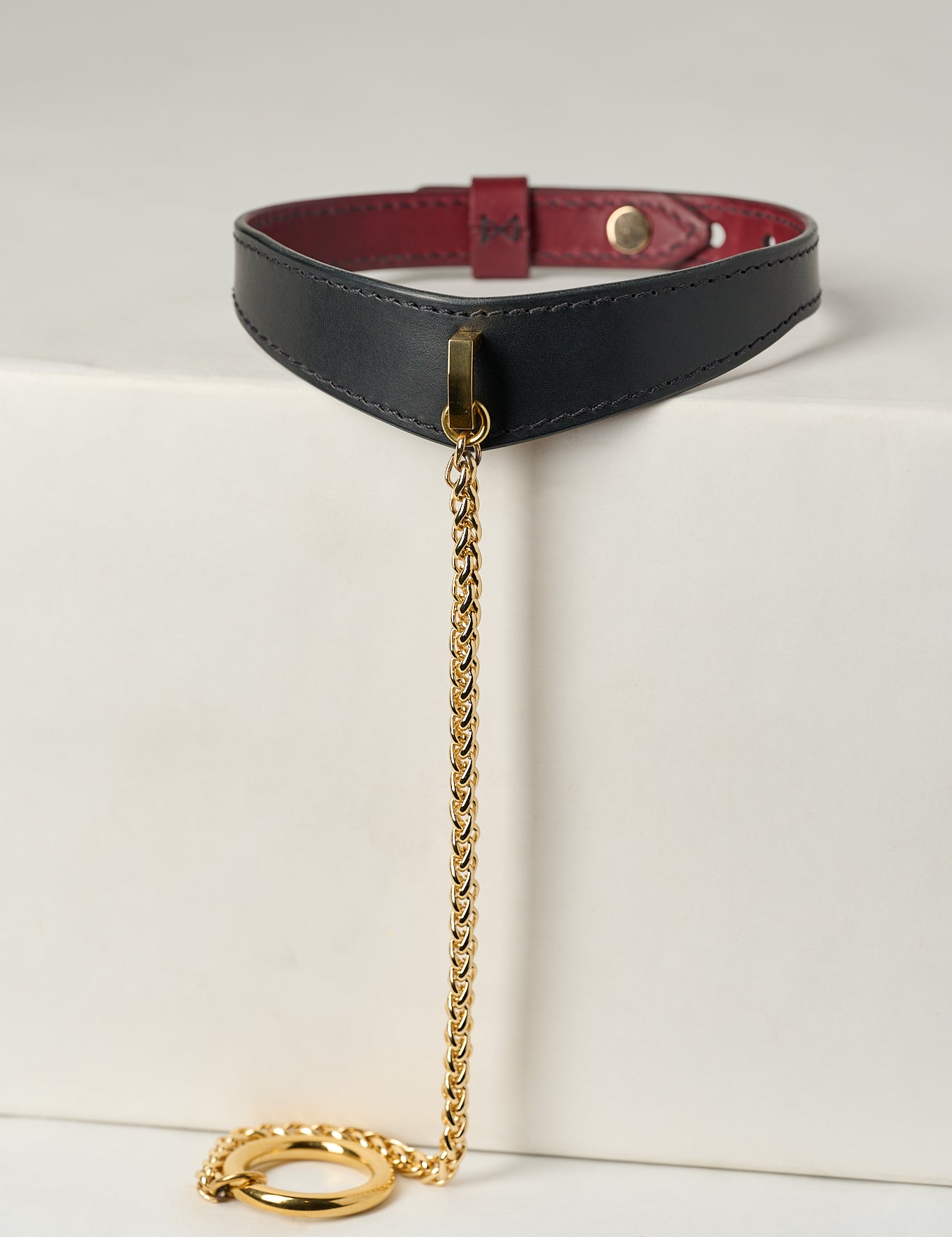 Black leather necklace with gold chain and clasp on a white background