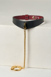 Black leather necklace with gold chain and clasp on a white background