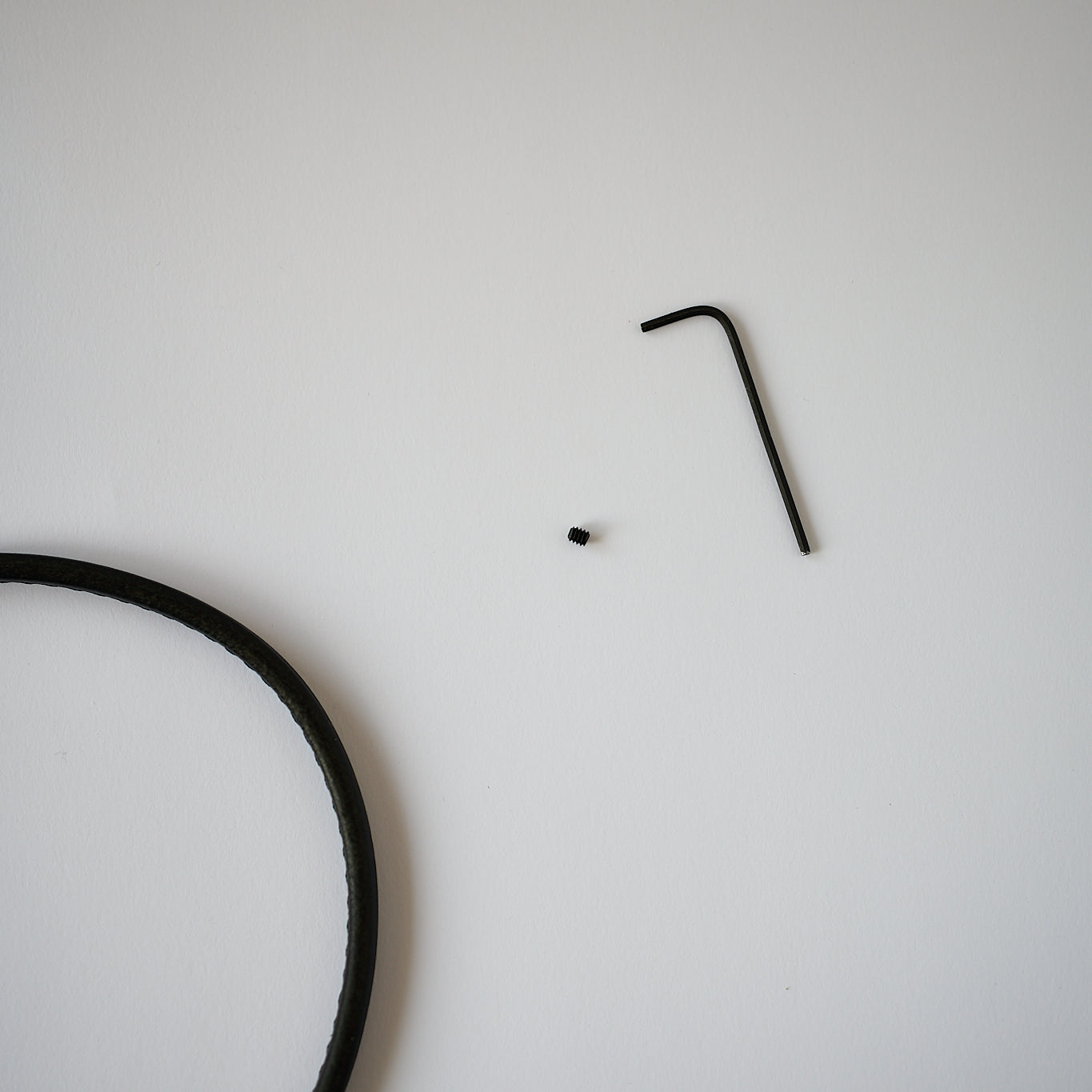 Small black screw and Allen wrench on a light gray background