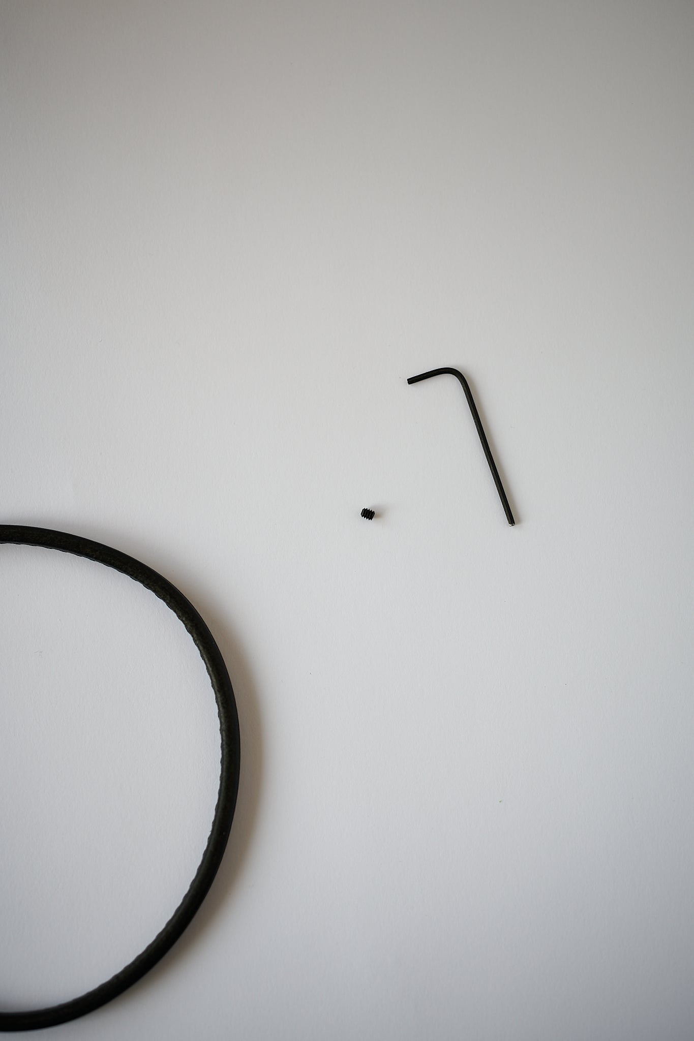 Small black screw and Allen wrench on a light gray background