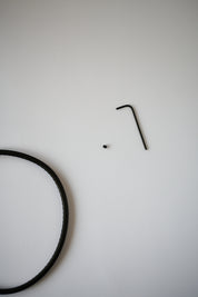 Small black screw and Allen wrench on a light gray background