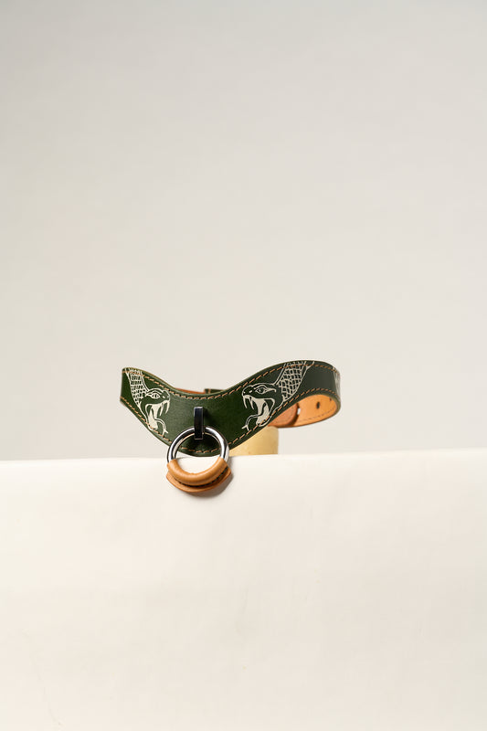Green leather bdsm collar with a metal ring on a white background tattooed with snakes