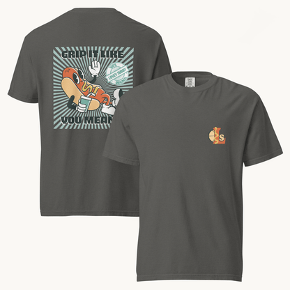 vintage rubber hose design hot dog t-shirt text grip it like you mean it 100% lovey subby original