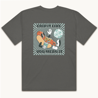 vintage rubber hose design hot dog t-shirt text grip it like you mean it 100% lovey subby original