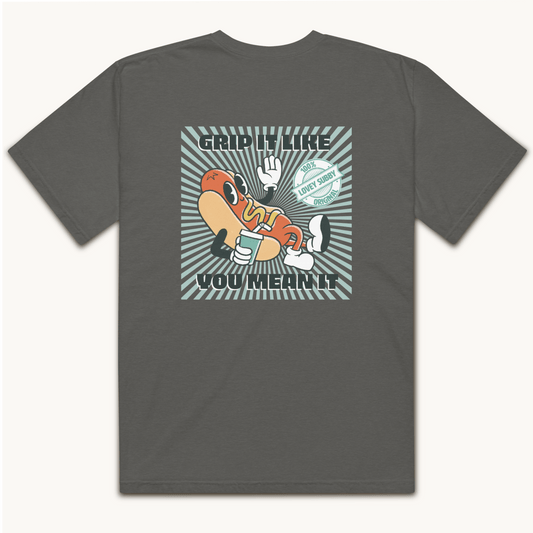vintage rubber hose design hot dog t-shirt text grip it like you mean it 100% lovey subby original