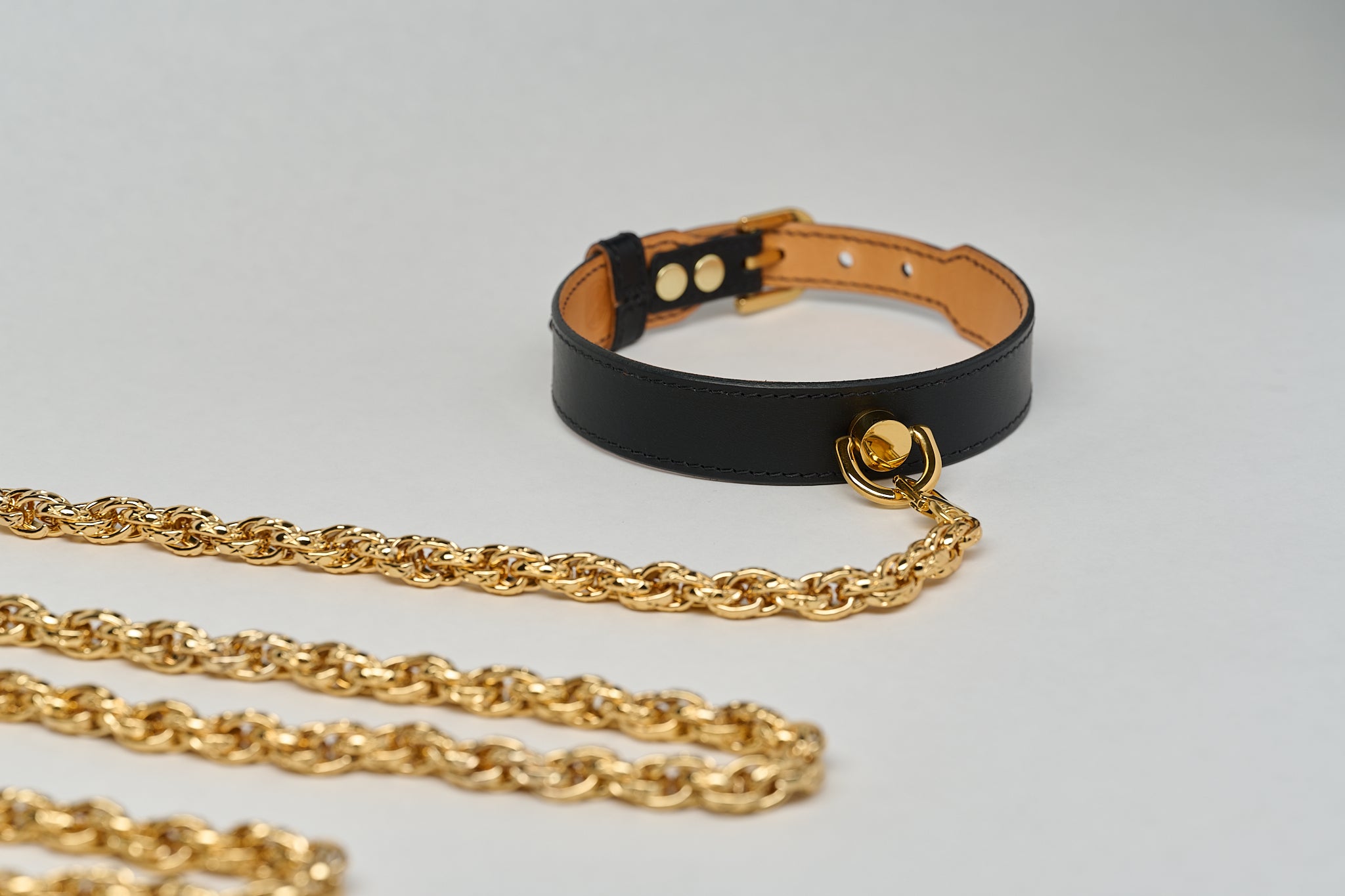black leather choker necklace gold hardware pendant with chain leash on white background