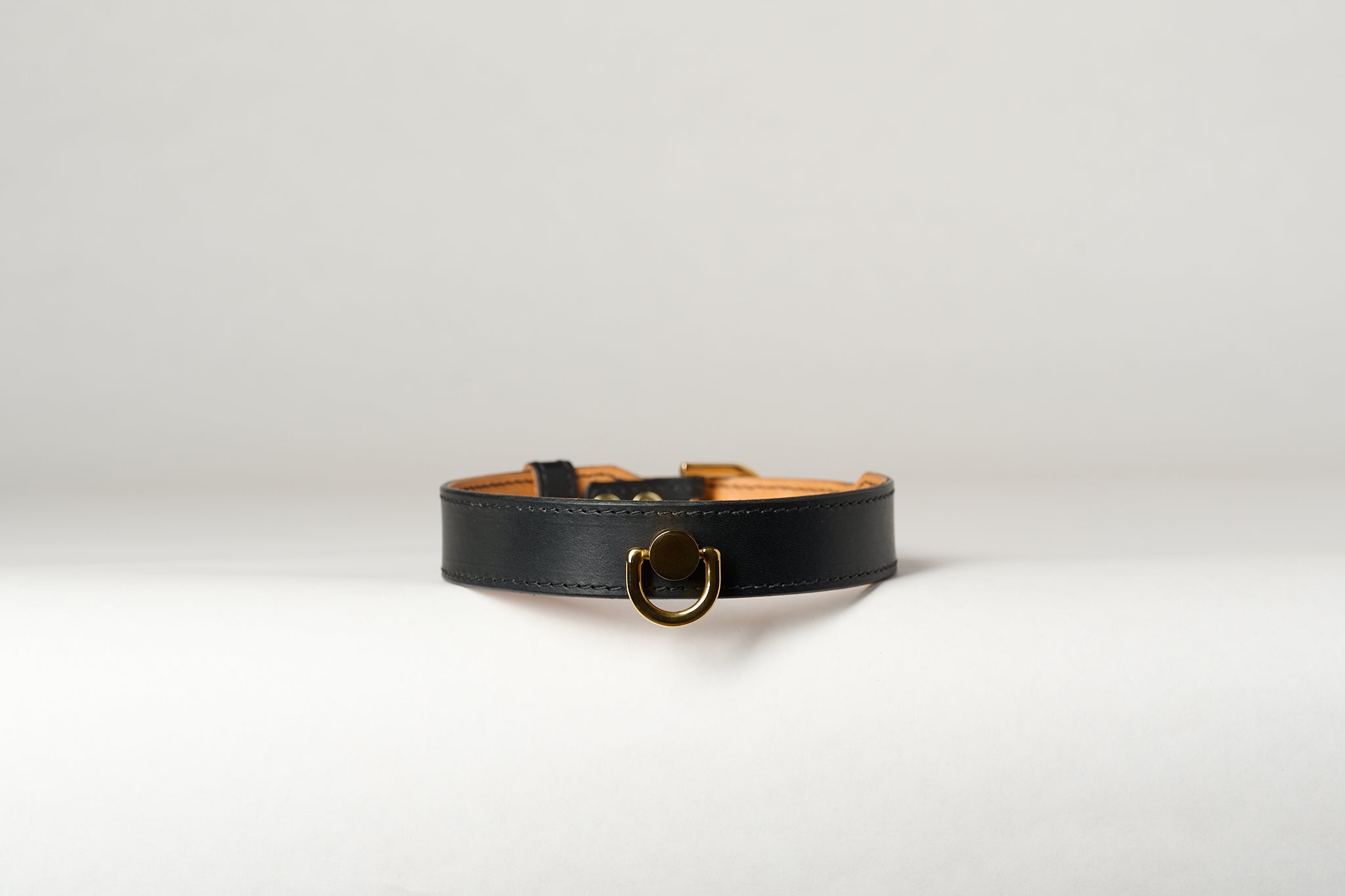 Black leather necklace choker  with gold ring on a white background
