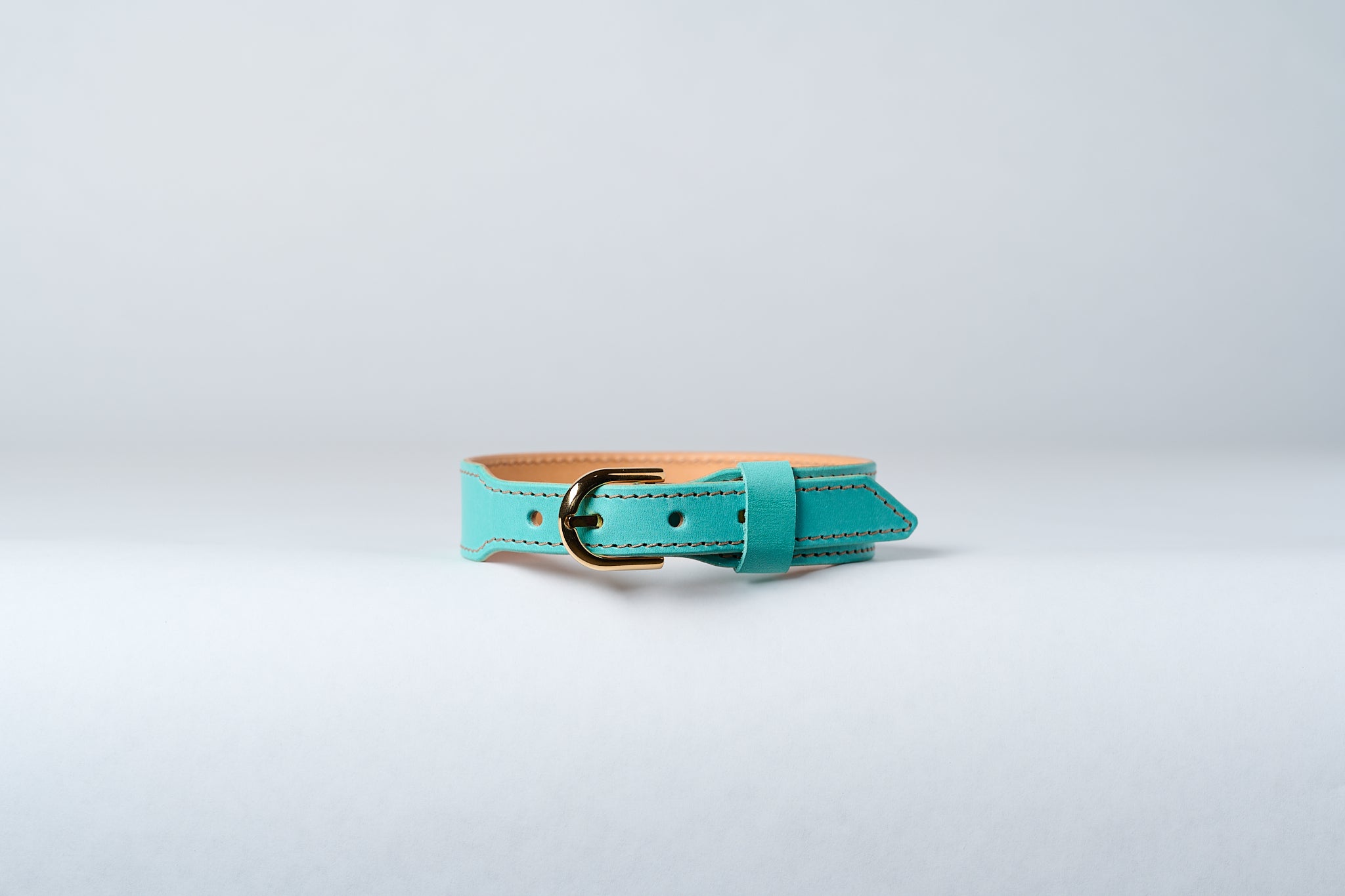 A close-up image of a luxury leather necklace with a gold stainless steel buckle, predominantly blue in color.