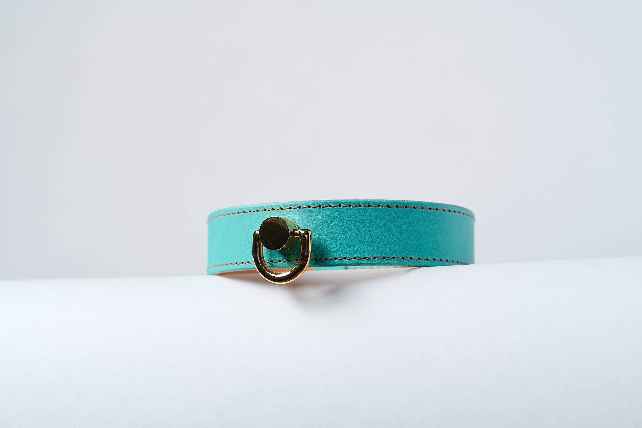 A close-up image of a luxury leather necklace with a gold stainless steel buckle, predominantly blue in color.