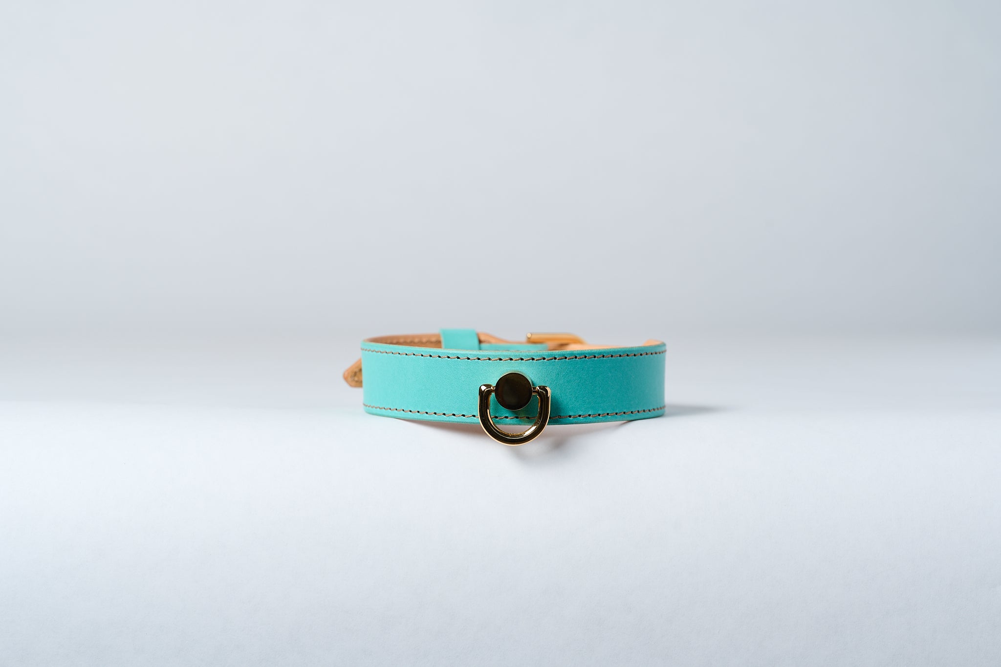 A close-up image of a luxury leather necklace with a gold stainless steel buckle, predominantly blue in color.