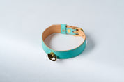 A close-up image of a luxury leather necklace with a gold stainless steel buckle, predominantly blue in color.