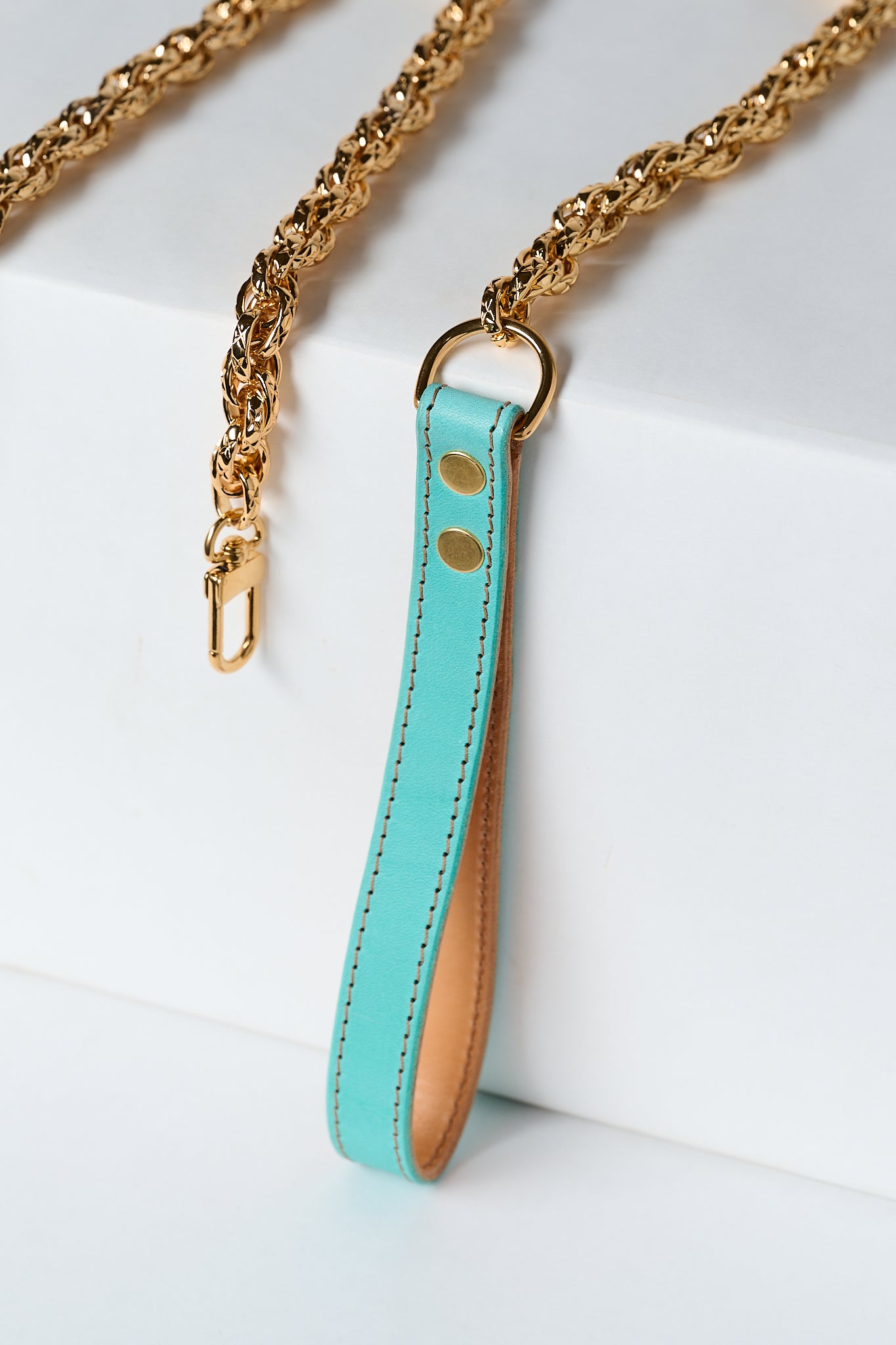 blue leather leash handle luxury gold chain