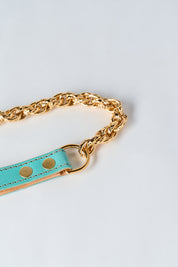 blue leather leash handle luxury gold chain on white background