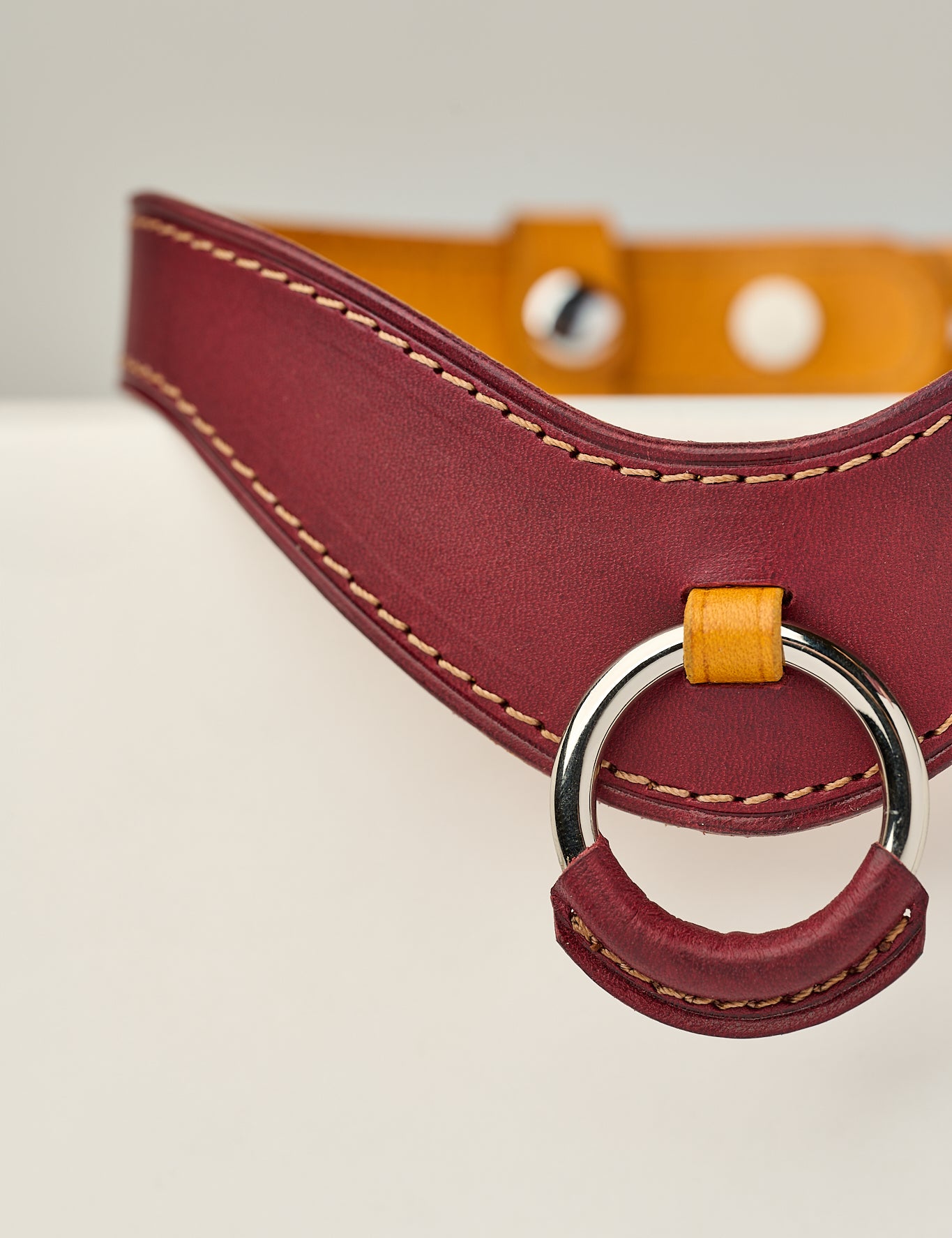 Close-up of a burgundy leather necklace with a silver ring and yellow accent on a light background