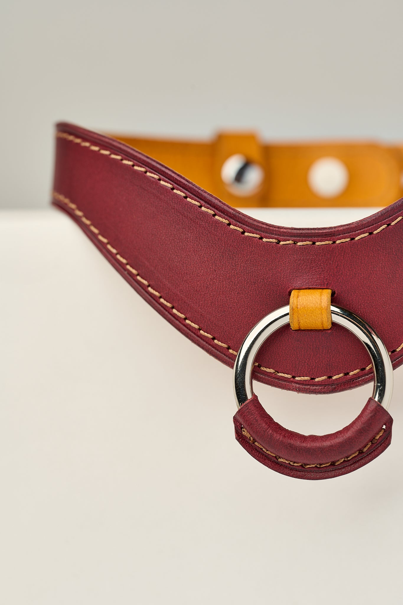 Close-up of a burgundy leather necklace with a silver ring and yellow accent on a light background