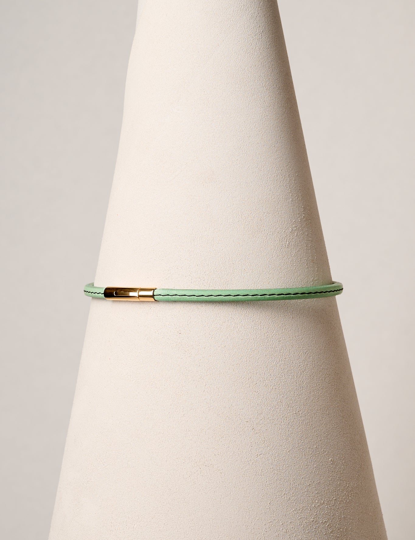 Mint leather necklace with gold clasp on white background