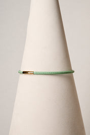 Mint leather necklace with gold clasp on white background