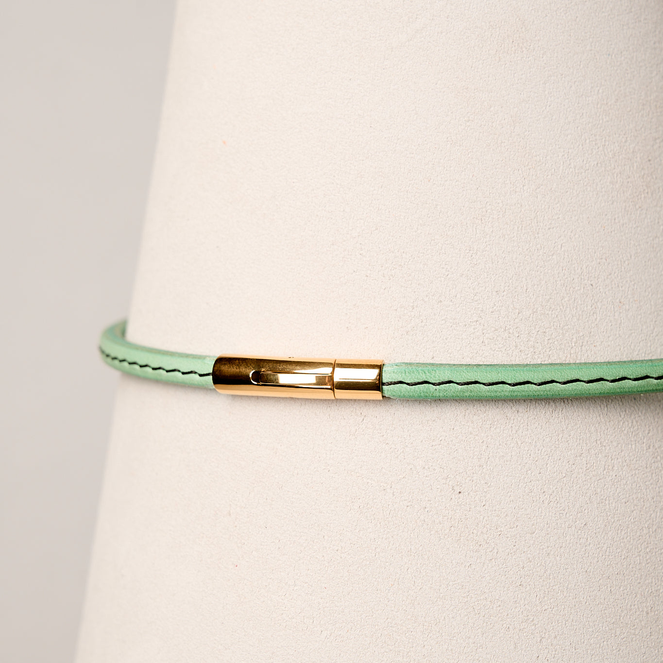 Mint leather necklace with gold clasp on white background