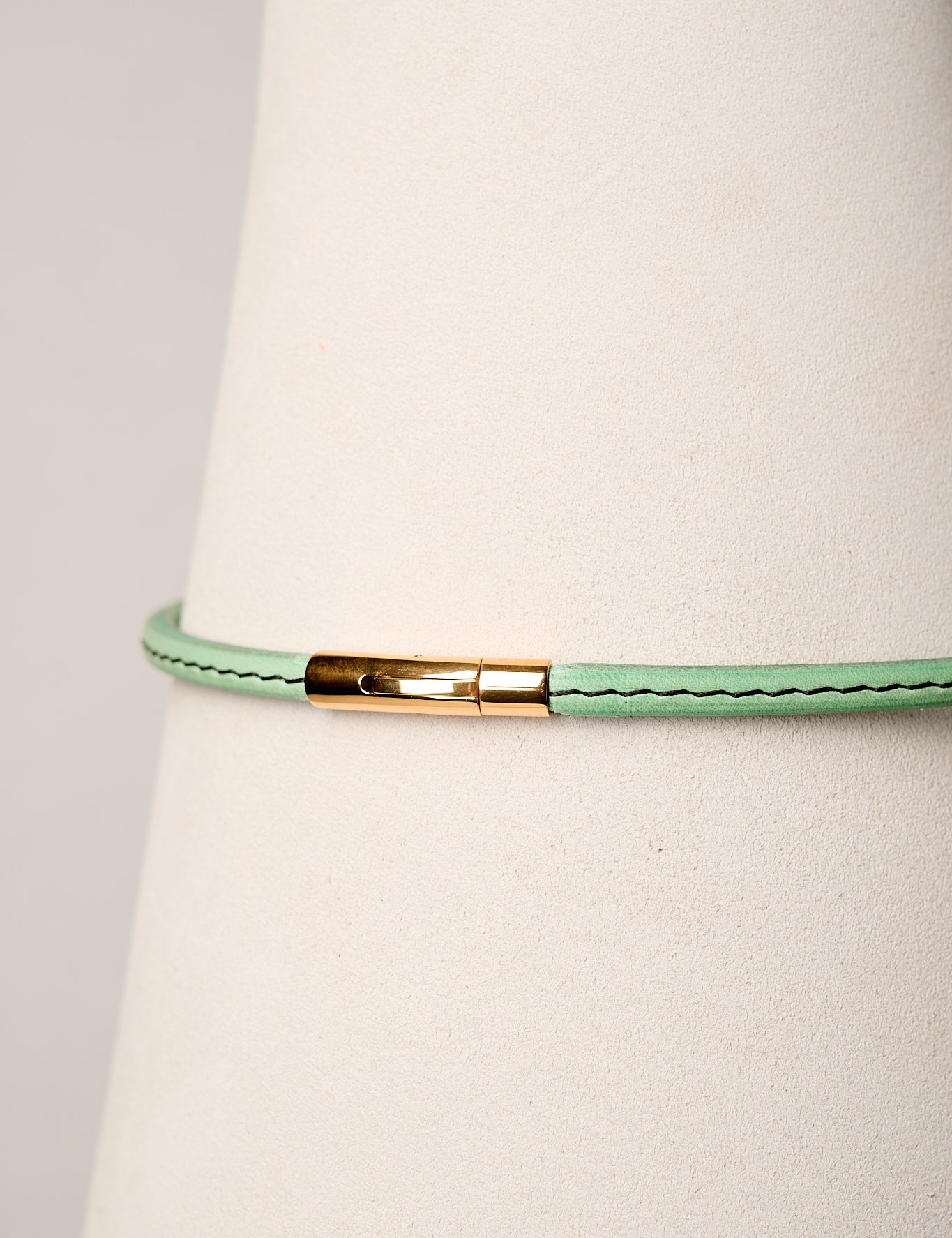 Mint leather necklace with gold clasp on white background
