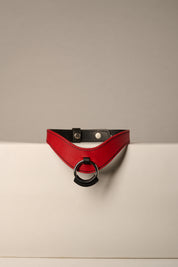 red and black leather necklace with a ring on a beige background