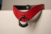 red and black leather necklace with a ring on a beige background