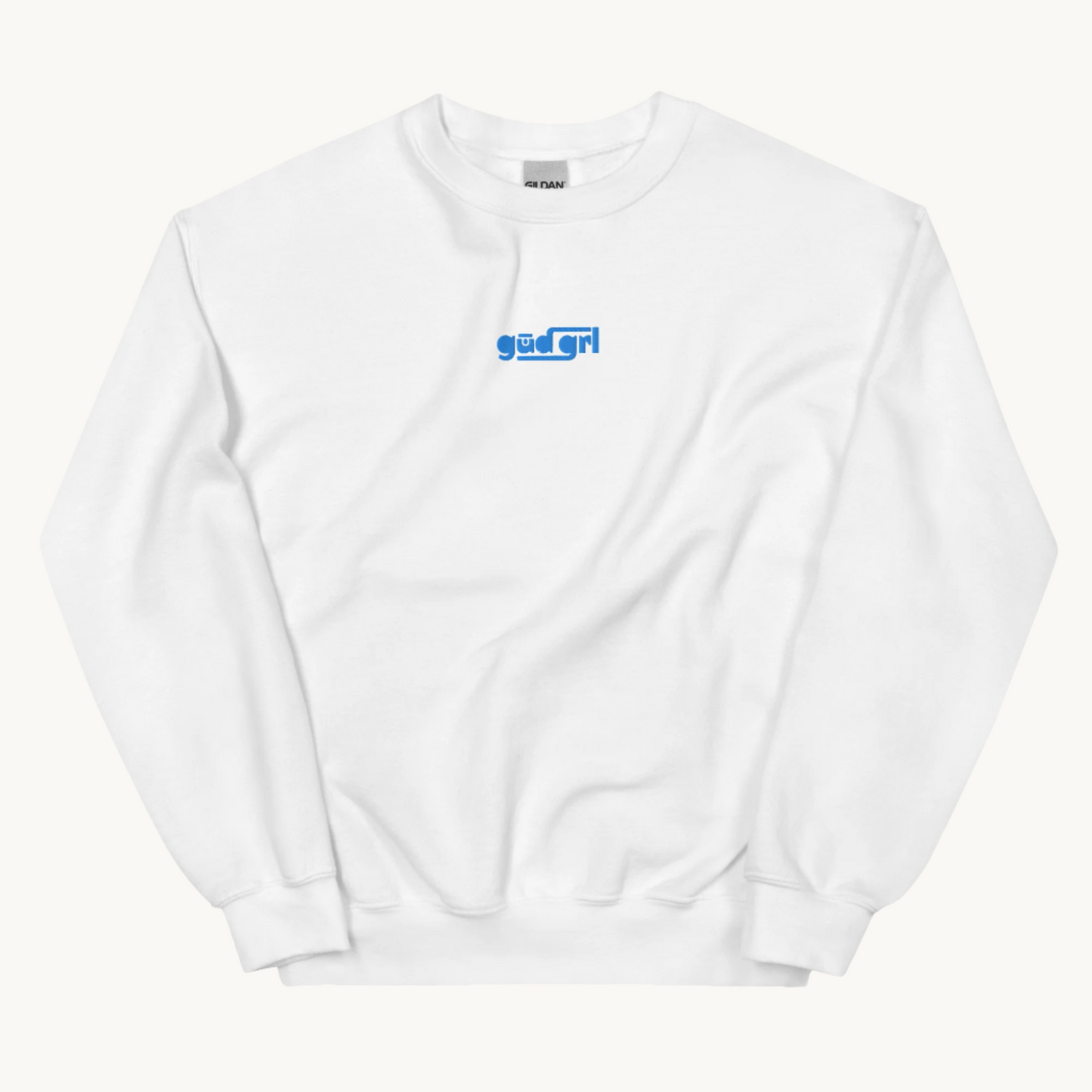 white crewneck sweatshirt light blue gūd grl embroidery
