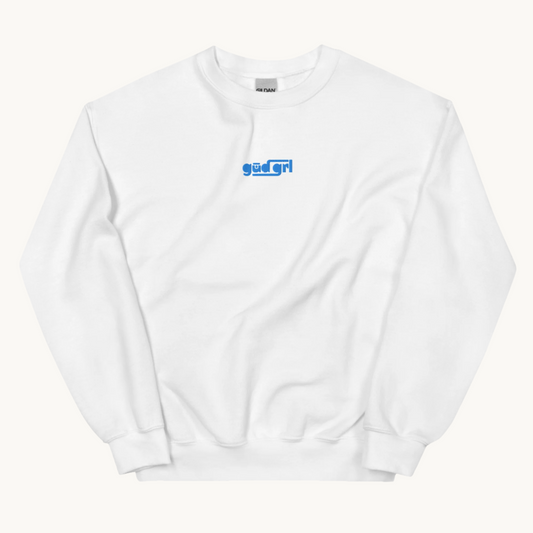 white crewneck sweatshirt light blue gūd grl embroidery