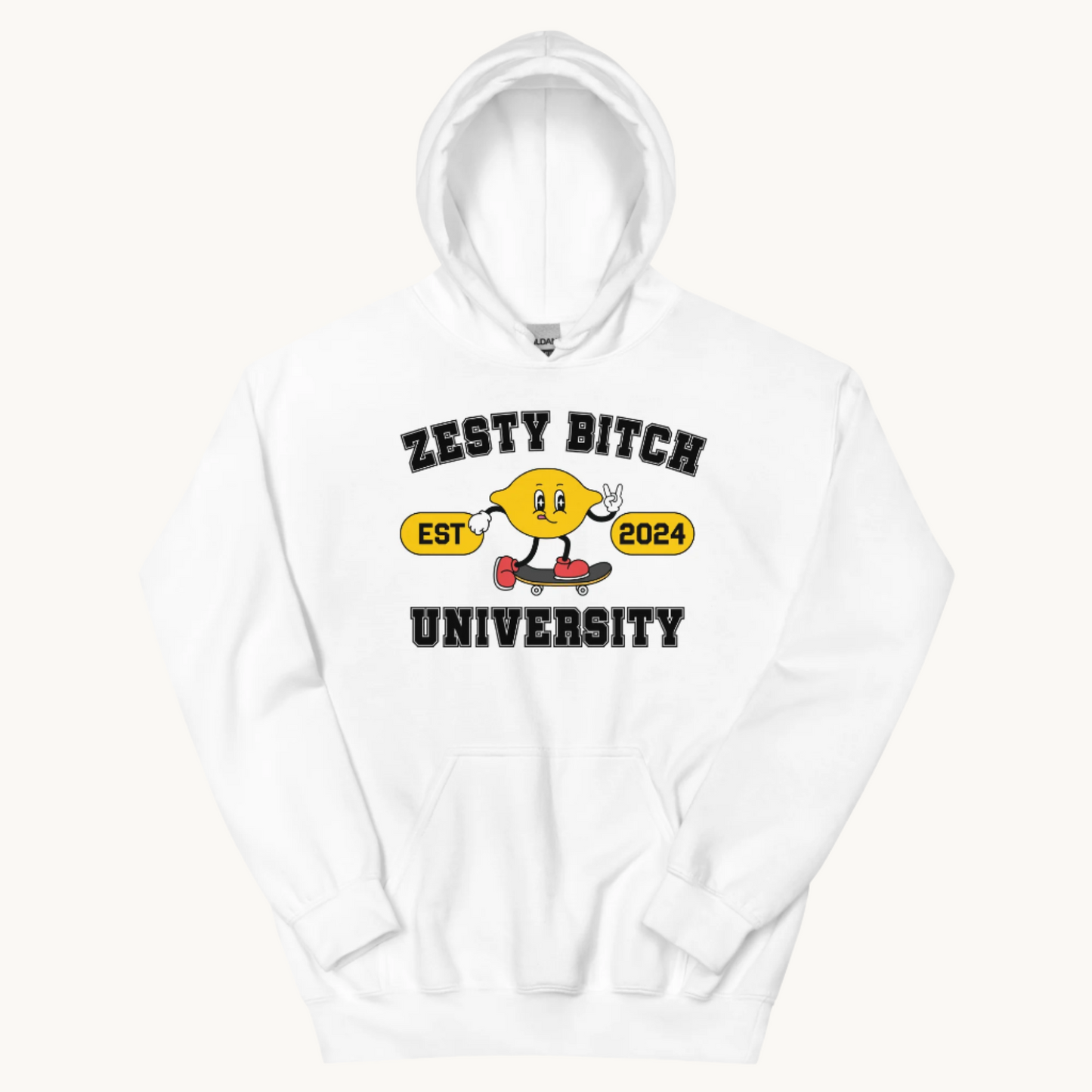white hoodie zesty bitch university set 2024 lemon graphic on skateboard giving peace sign