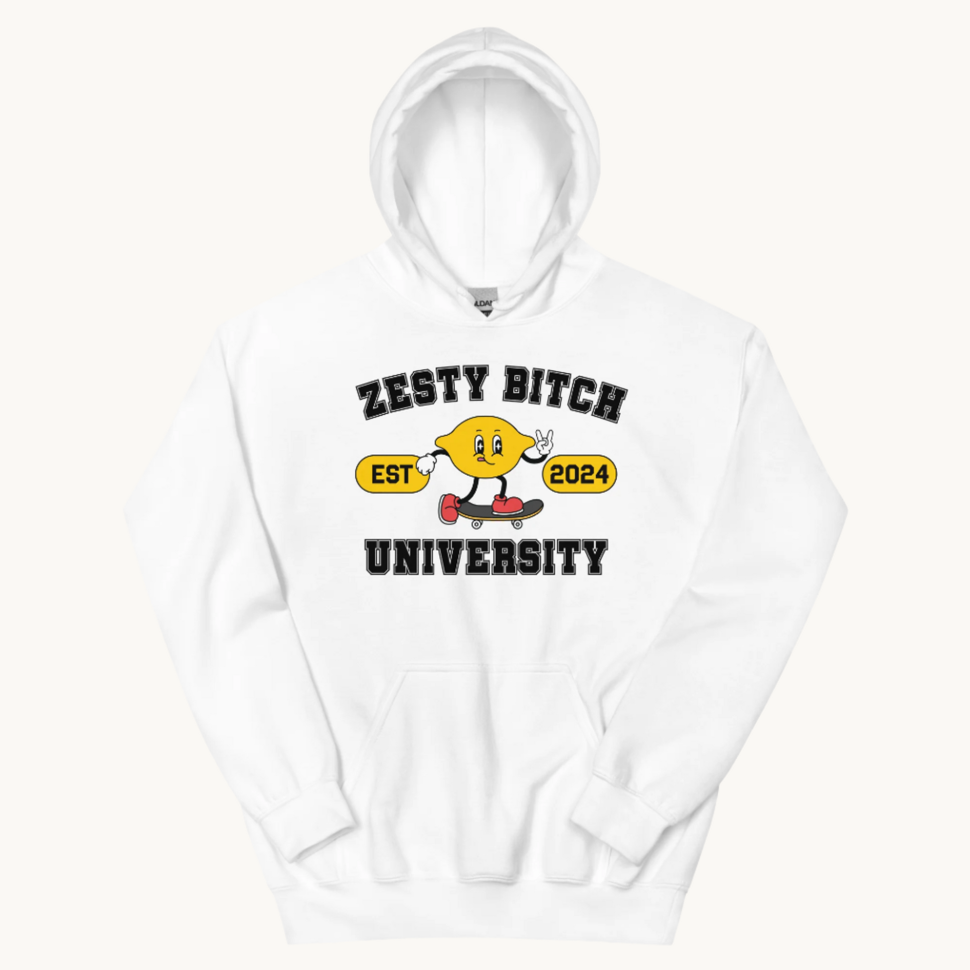 white hoodie zesty bitch university set 2024 lemon graphic on skateboard giving peace sign