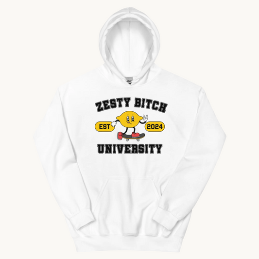 white hoodie zesty bitch university set 2024 lemon graphic on skateboard giving peace sign