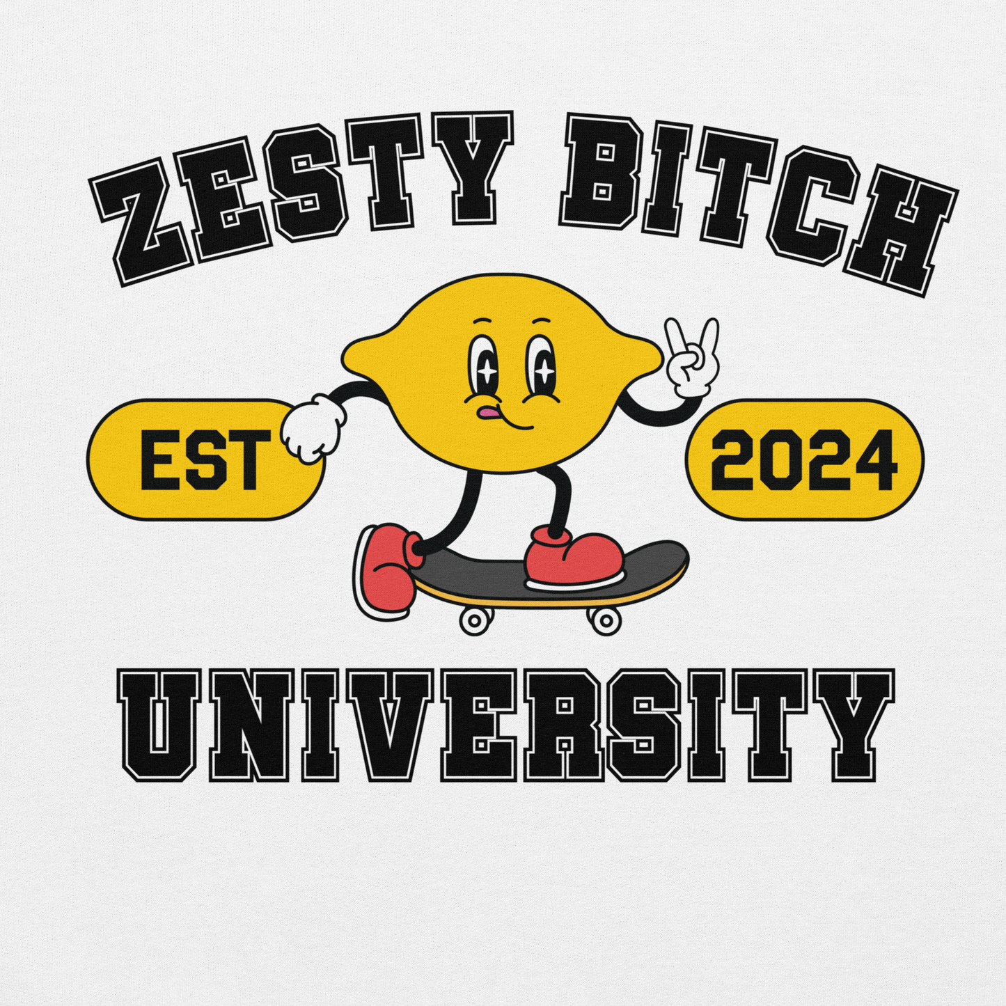 white hoodie zesty bitch university set 2024 lemon graphic on skateboard giving peace sign